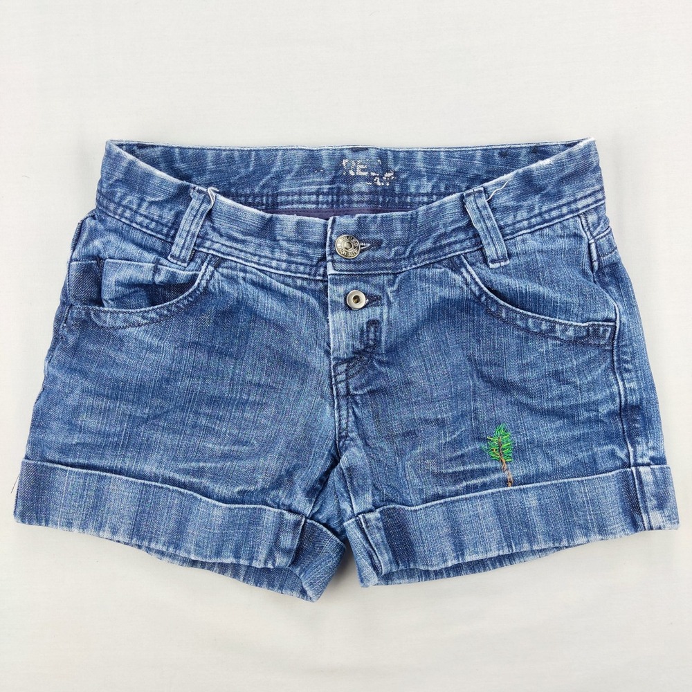 Express Denim Shorts Women 0 Blue Cuffed Low Rise Embroidered Tree Stretch Jeans